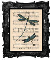 Dancing Dragonflies on a Antique Music Book Page Art Print