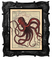 Red Octopus Dancing on an Antique Map Art Print