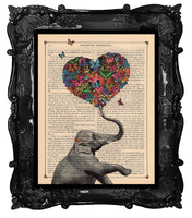 Elephant with Butterflies Heart Antique Book Page Art Print