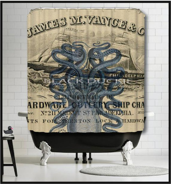 Blue Octopus against Antique Ship Invoice Shower Curtains