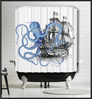 Blue Octopus Galleon Ship Shower Curtain