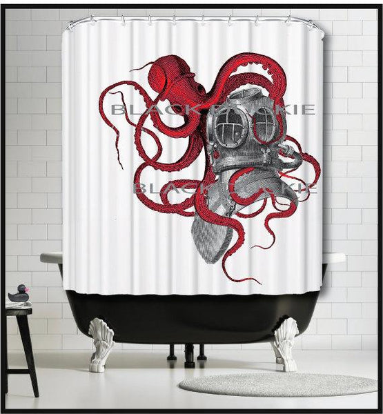 Red Octopus Diver Helmet Shower Curtain