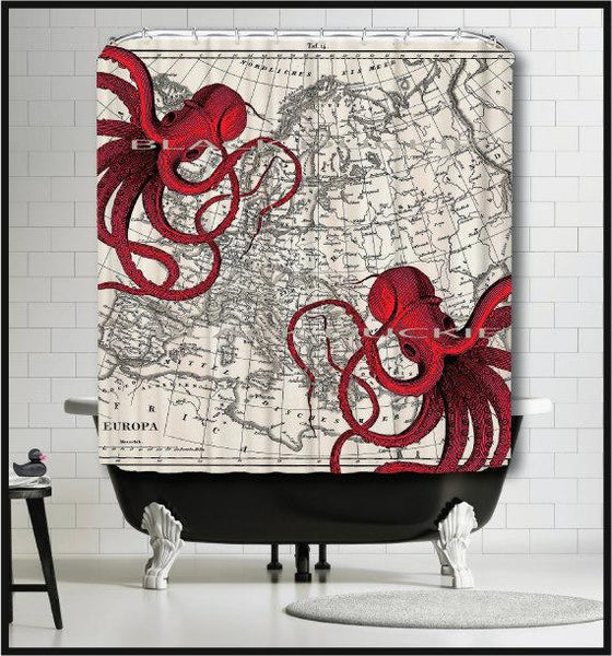 Red Octopus Antique Europe Map In German Shower Curtain