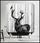 Deer with Red Cardinal Wood Background Shower Curtain