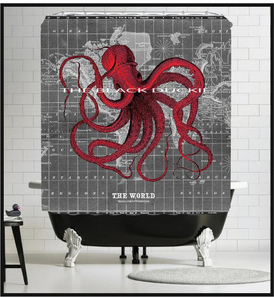 Red Octopus on Antique World Map Shower Curtain