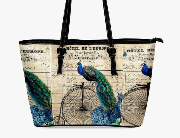 Peacock on a Penny Farthing Bicycle against an Antique French Hotel Receipt Purse