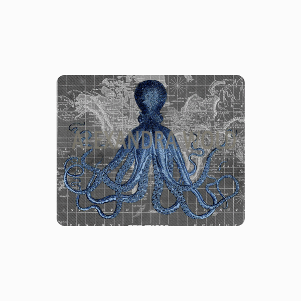Blue Octopus on World Map Mouse Pad