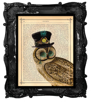 Steampunk Top Hat Owl Antique Book Page Art Print