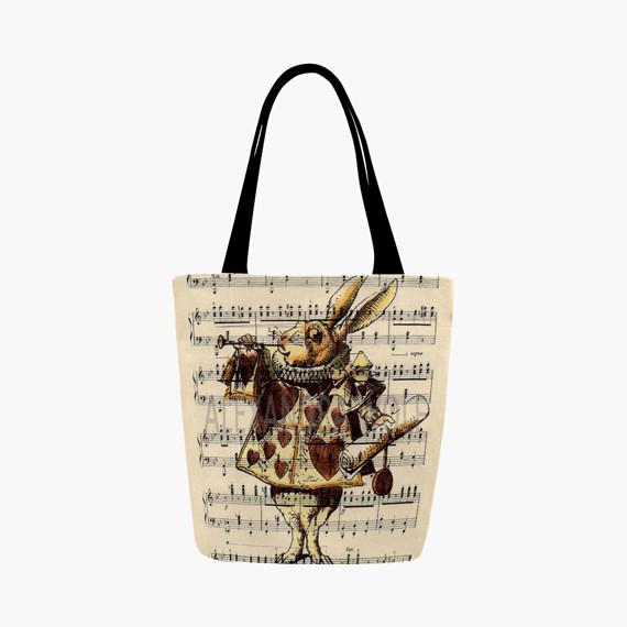 Alice in Wonderland White Rabbit with an Antique Music Page Background Tote Bag